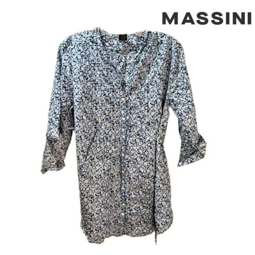 Massini‎ Women's Floral Print Button Front Long Sleeve Tie Waist Shirt Dress